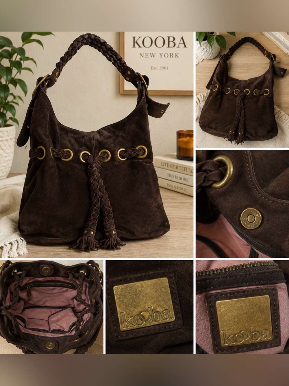 Kooba Brown Suede Hobo Bag Braided Tassel Grommet Y2K Boho Shoulder Purse